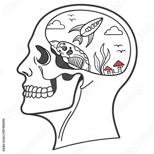 An illustrative depiction showcases a human skull in profile containing a surreal landscape within the cranial cavity representing inner thoughts high quality