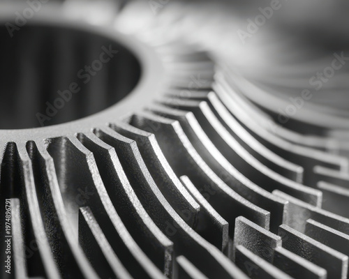 Macro close up of metallic engine cooling fin with sharp edges and textured surface, showing intricate design and industrial detail