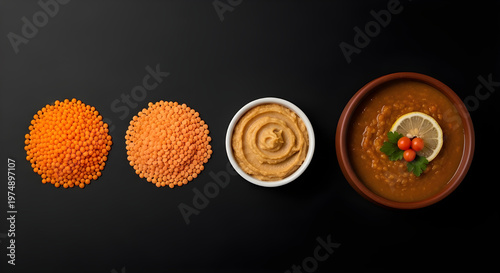 Variety of red and yellow lentils with hummus and stew in bowls on black background