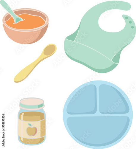 Baby Feeding Essentials Set with Bib Bowl Spoon Jar and Divided Plate
