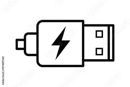 Black and white line drawing of a USB flash drive with a lightning bolt symbol, isolated on a white background, representing technology and data transfer.