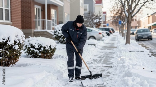 Worker Clearing Snow from Sidewalk