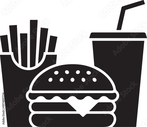 Fast food combo meal icon featuring hamburger french fries and soda cup with straw for restaurant menu and unhealthy eating concept design