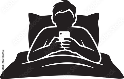 Front view silhouette of man lying on pillow using smartphone with both hands for gaming or texting in bed during nighttime at home