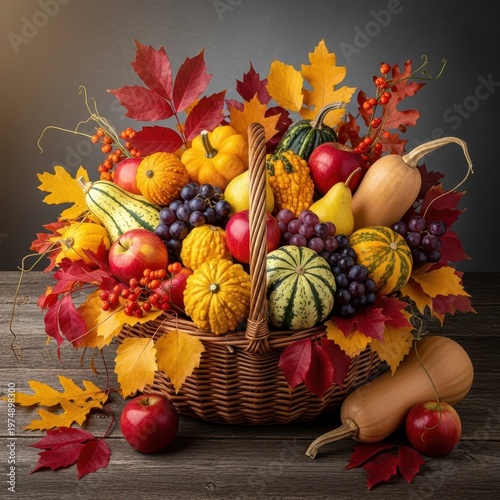 Woven rustic basket overflowing with colorful autumn foliage, ripe seasonal fruits, and assorted harvested squashes, displayed on a weathered wooden surface, still life, fall, arrangement