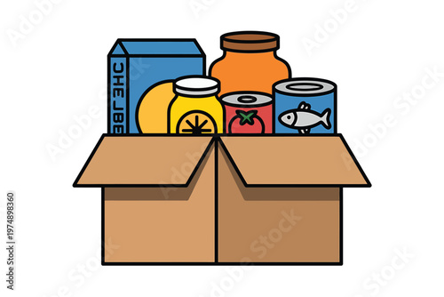 A colorful illustration depicts a cardboard box filled with various canned and packaged foods high quality