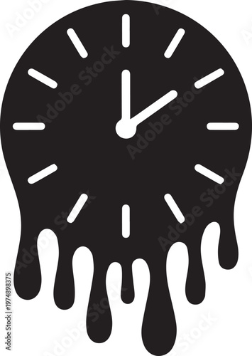 Melting clock icon representing passage of time concept isolated on white background as flat black vector illustration for artistic projects