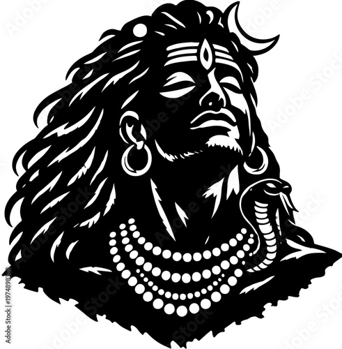 Lord Shiva Portrait Vector Mahadev Hindu God Black and White Spiritual Illustration