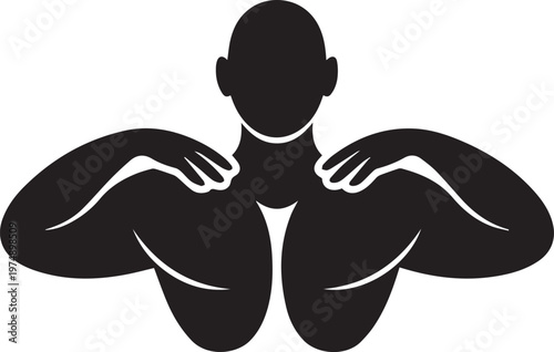 Minimalist black and white vector of athletic male torso with hands on shoulders showing pectoral muscles and physical fitness for gym logo