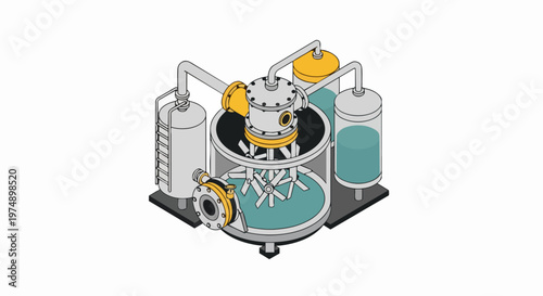 Isometric Industrial Chemical Reactor and Mixing System with Storage Tanks and Pipes for Pharmaceutical or Chemical Processing