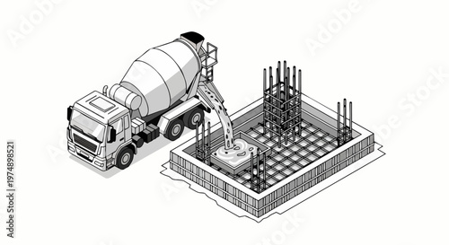 Isometric Illustration of a Concrete Mixer Truck Pouring Liquid Cement into a Reinforced Building Foundation with Rebar