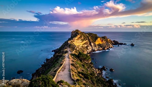 Scenic coastal path leading to a rocky headland, ocean views, and a dramatic sky at dusk