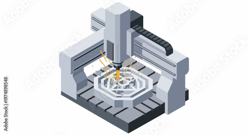 Isometric CNC Milling Machine Working on Metal Part with Sparks, Industrial 3D Illustration of Automated Manufacturing and Precision Engineering
