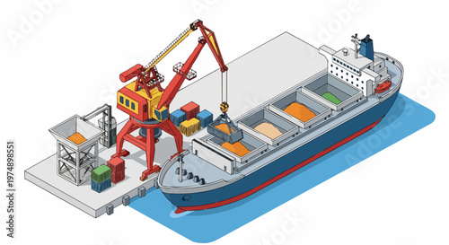 Isometric Illustration of a Bulk Carrier Ship Loading Cargo with a Port Crane at a Maritime Terminal for Global Trade and Logistics