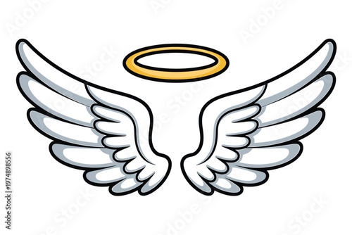 A graphic depiction of white feathered wings with a golden halo above symbolizing angelic presence