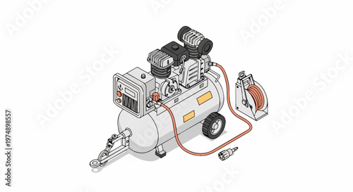 Isometric Portable Industrial Air Compressor Illustration with Hose and Reel