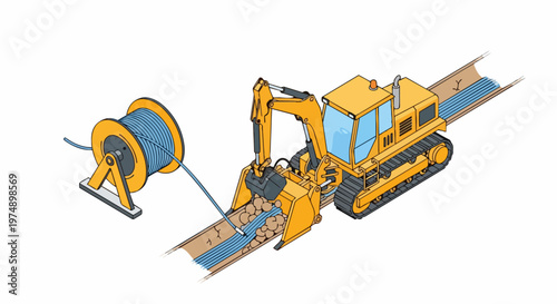 Isometric Construction Illustration of Excavator Laying Underground Fiber Optic Cables with Spool