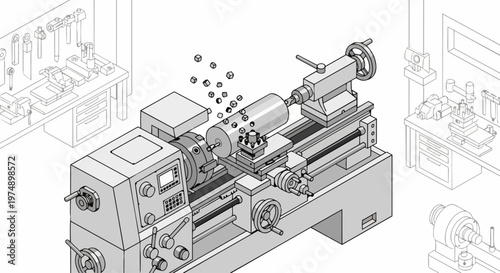 Isometric Illustration of an Industrial Lathe Machine in a Metalworking Workshop with Tools and Equipment