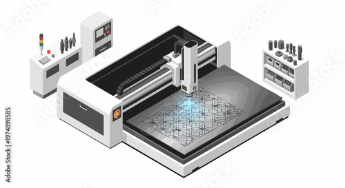 Isometric CNC Laser Cutting Machine Engraving Geometric Pattern on Metal Sheet, Industrial Manufacturing and Fabrication Illustration
