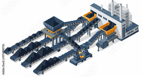 Isometric Industrial Coal Mining and Processing Plant Illustration with Conveyor Belts and Material Handling Equipment