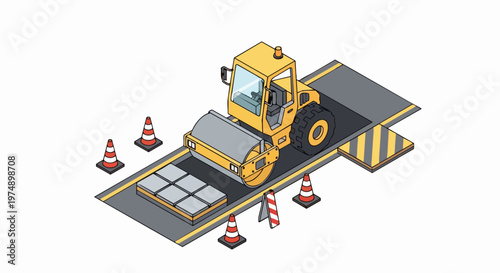 Isometric Yellow Road Roller on Construction Site with Traffic Cones Heavy Machinery Vector Illustration