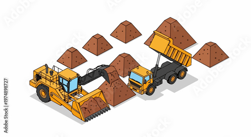 Isometric Illustration of Yellow Heavy Construction Machinery with Loader and Dump Truck Working on Earth Piles