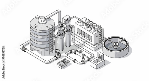 Isometric Industrial Water Treatment System and Filtration Plant Line Art Illustration