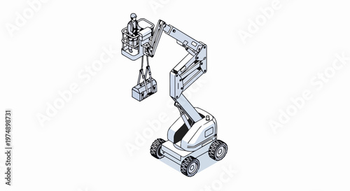 Isometric Telescopic Boom Lift with Operator and Toolbox - Aerial Work Platform for Construction and Maintenance Vector Illustration