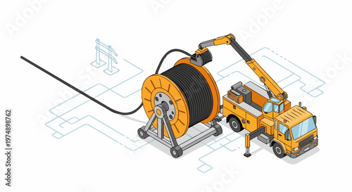 Isometric Utility Truck Deploying Large Cable Reel for Telecommunications or Power Grid Infrastructure Project Illustration