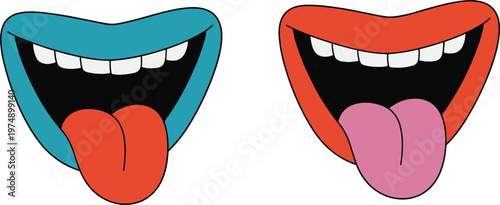 Cartoon mouth set with tongue out, funny lips expression isolated vector pop art illustration