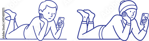 Two minimalist line drawings depict individuals in reclining positions showcasing relaxed postures and simple anatomical forms