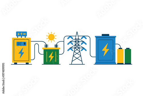 Illustration depicting power generation transmission and storage with solar grid and batteries high quality professional detailed