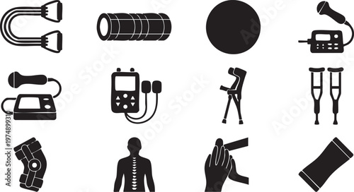 Essential silhouette icons for physical therapy, recovery, and rehabilitation, featuring exercise tools and medical support