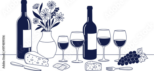Elegant wine and cheese still life a blue toned illustration of a relaxed gourmet gathering