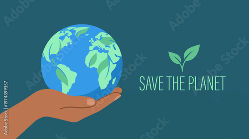 Hands cradle a globe with green leaves, promoting planet conservation and sustainable action to save the environment.