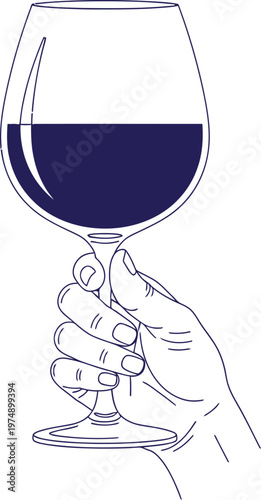 Elegant sketch of a brandy snifter a hand holding a glass of dark liquor detailed line art illustration