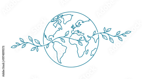 Eco-friendly globe illustration with leafy vines symbolizing global sustainability, nature conservation, and environmental awareness