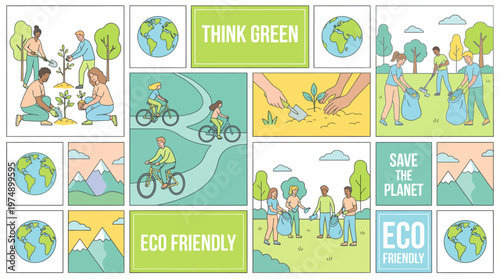 Eco-friendly living collage showing biking, tree planting, recycling, and community actions to protect the planet and promote sustainable choices