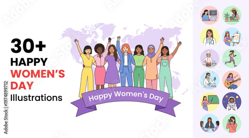Diverse group of women celebrating International Women's Day with a purple ribbon banner and world map background