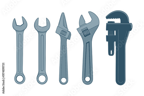 An illustration depicts a collection of various hand tools including wrenches and pliers in blue tones