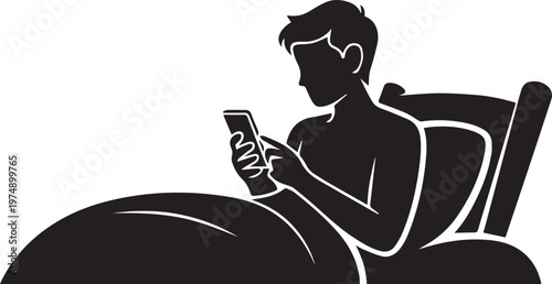 Silhouette of man using smartphone while lying in bed at night before sleep for social media scrolling or checking news in dark bedroom