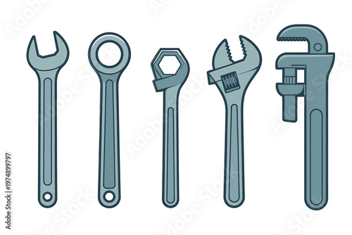 A collection of various hand tools including wrenches and pliers displayed in a linear arrangement
