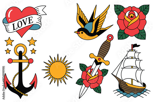 A collection of traditional tattoo flash art featuring hearts birds flowers nautical elements and stars
