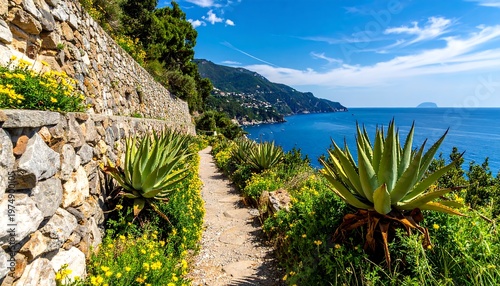 Scenic coastal path with stone walls, agave plants, and ocean view, under a bright blue, partly cloudy sky