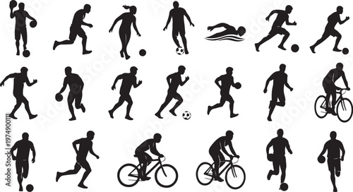 Silhouettes of people engaging in various sports activities together