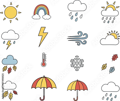 Colorful weather icons set sun rainbow clouds rain lightning snow wind and umbrella illustrations