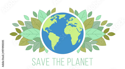 Eco-friendly globe illustration with a leafy wreath and 'Save the Planet' message, promoting sustainability, conservation, and environmental protection