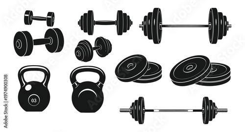 Black silhouette fitness equipment collection dumbbells kettlebells and barbells for strength training and exercise