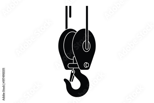 Industrial black and white illustration of a heavy-duty hook suspended from a cable, ideal for construction and engineering themes.