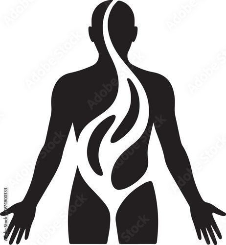 Stylized human silhouette with flowing energy or spirit inside body representing holistic health and spiritual wellness in minimalist design